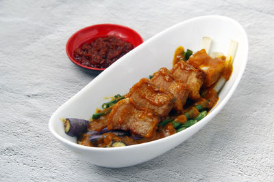 High angle view of food in bowl on table