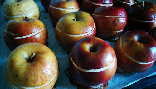 High angle view of apples for sale at market stall