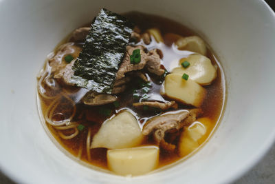 High angle view of soup in bowl