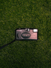 High angle view of camera on field