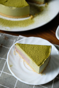 High angle view of cake in plate on table