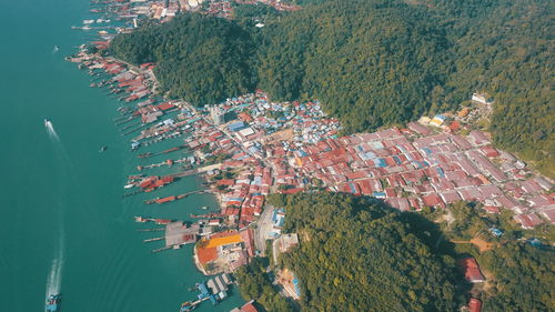 High angle view of tree by buildings in city