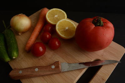 High angle view of vegetables on cutting board