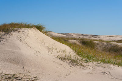 Scenic view of beach against clear blue sky