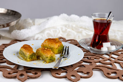 Close-up of breakfast served on table