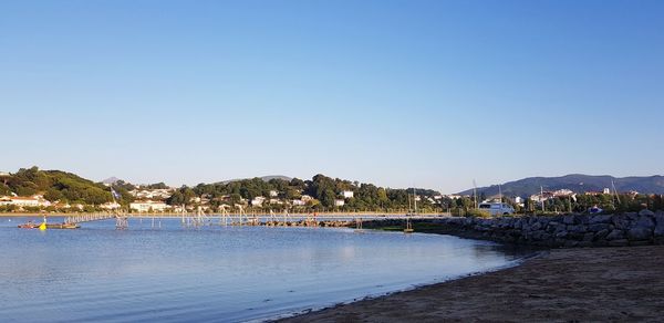 Scenic view of sea against clear blue sky
