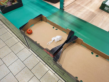 High angle view of chairs on table by swimming pool