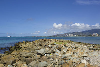 Scenic view of sea against blue sky