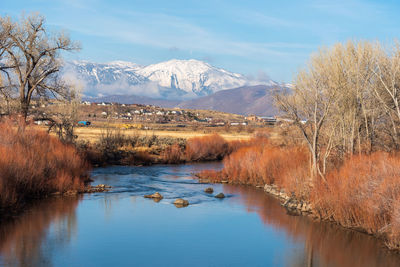 Scenic view of lake by snowcapped mountains against sky