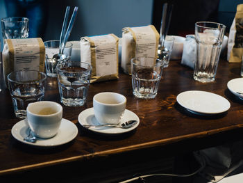 Coffee cups on table in restaurant