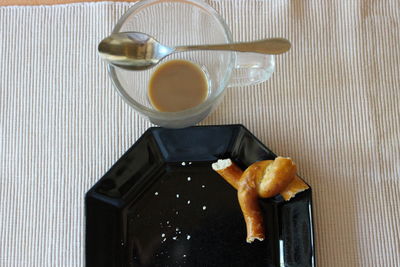 High angle view of breakfast on table