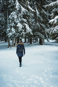 Rear view of man walking on snow covered field