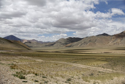 The beautiful green prairie under the blue sky and white cloud mountain