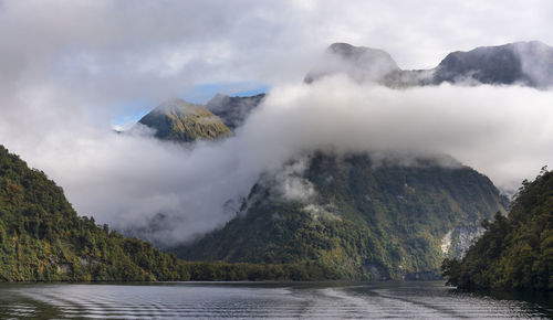 Scenic view of lake and mountains against sky