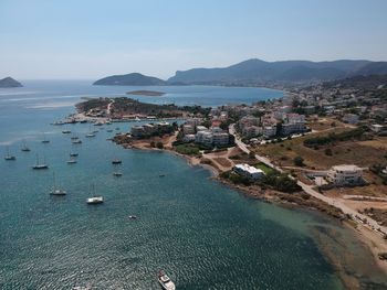 High angle view of sea against blue sky