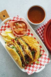 High angle view of meal served on table