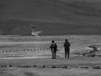 Rear view of two people standing on beach