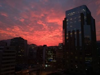 Buildings in city against sky during sunset