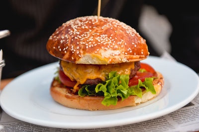 Close-up of burger in plate