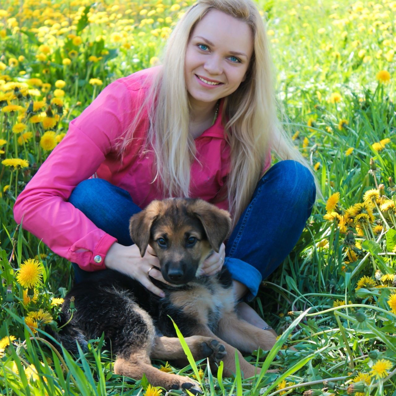 pets, animal themes, domestic animals, portrait, mammal, dog, looking at camera, one animal, person, smiling, cute, sitting, leisure activity, grass, lifestyles, happiness, field, front view