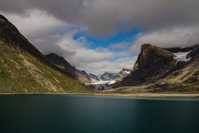 Scenic view of lake by mountains against sky