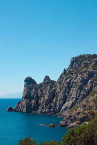 Scenic view of sea against clear blue sky