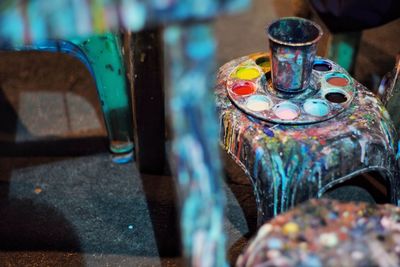 Close-up of multi colored pencils on table