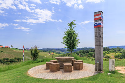 Built structure on field against sky