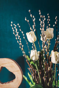 Close up of a flower arrangement, made of tulips and catkin