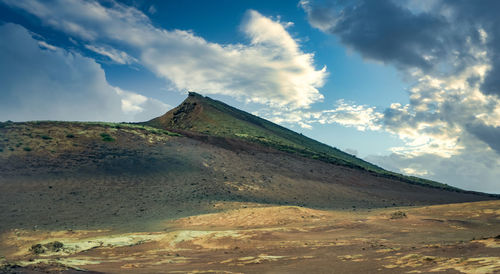 Low angle view of mountain against cloudy sky