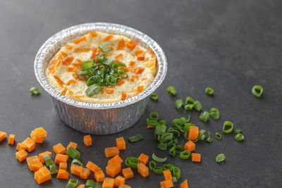 High angle view of soup in bowl on table