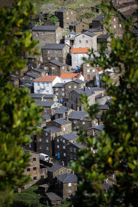 High angle view of buildings in town