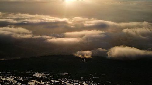 Aerial view of landscape against sky during sunset