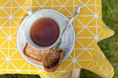 Directly above shot of coffee cup on table