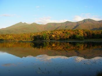 Scenic view of lake and mountains against sky