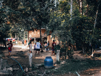People working on street amidst trees