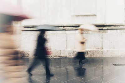 Blurred motion of people walking in city