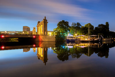 Reflection of temple in water at night