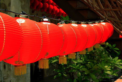 Close-up of red lanterns hanging in row
