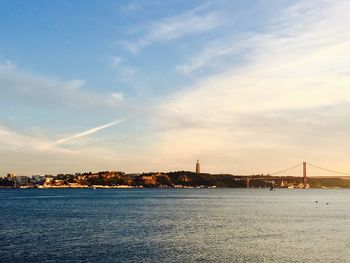 View of suspension bridge over sea