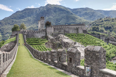 View of historic building against mountain range