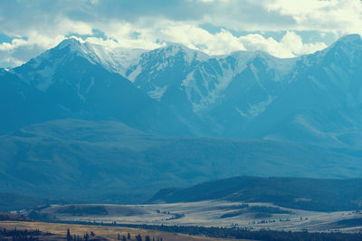 Scenic view of snowcapped mountains against sky