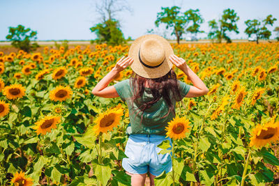 Low angle view of woman relaxing on sunflower field