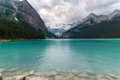 Scenic view of lake by mountains against sky