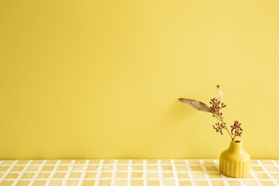 Close-up of vase on table against yellow wall