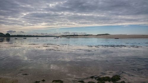 Scenic view of lake against cloudy sky