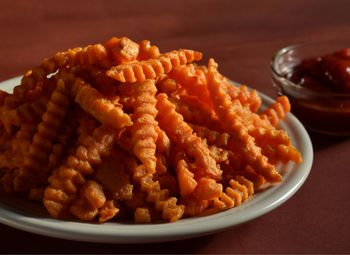 Close-up of food served in plate on table