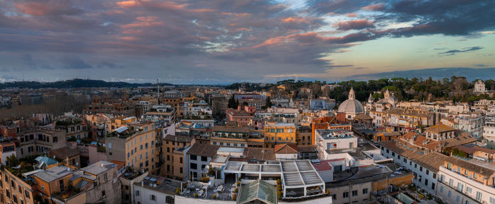 High angle view of townscape against sky during sunset