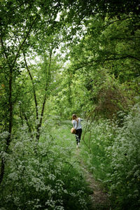 Rear view of mid adult woman walking in forest