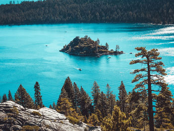 Scenic view of lake tahoe against sky